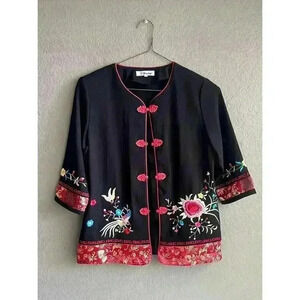 Vintage Dindin Embroidered Asian Black Floral Shacket Jacket Size M